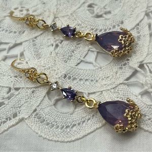 Purple and Gold Rhinestone Glass Dangle Earrings
